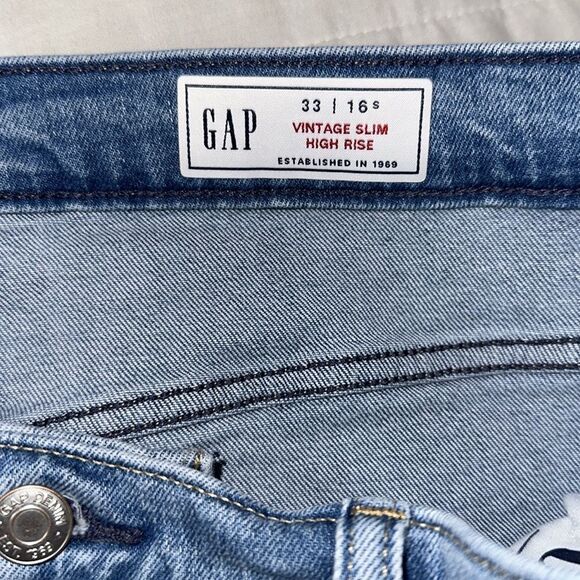 GAP 33/16 Blue Vintage Slim High Rise Light Wash Two Tone Stripe Raw Hem Jeans - Picture 11 of 16